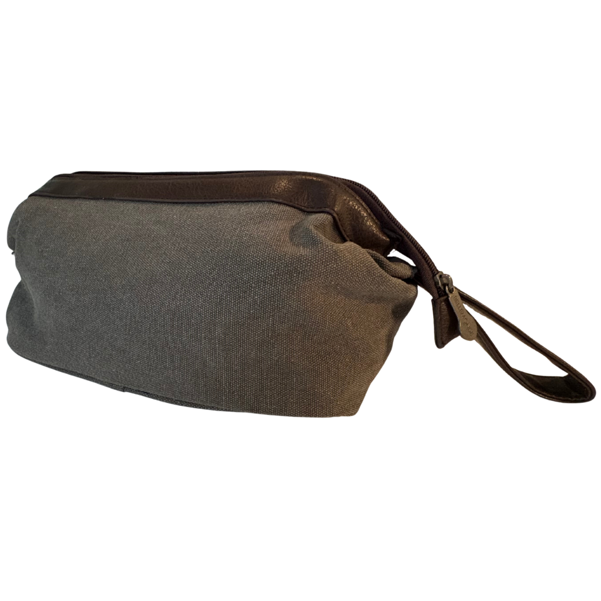 Bellemonde Washed Grey Canvas Dopp Kit shown from the side with an engraved zipper pull and brown loop handle