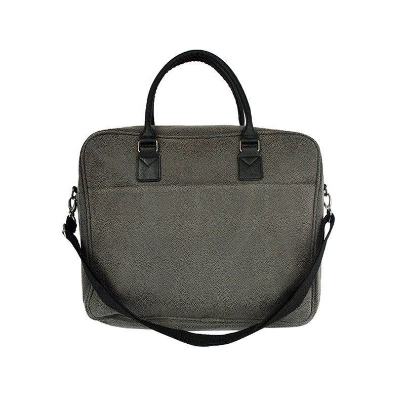 Bellemonde aspen grey faux suede Briefcase with dual short straps and an adjustable shoulder strap