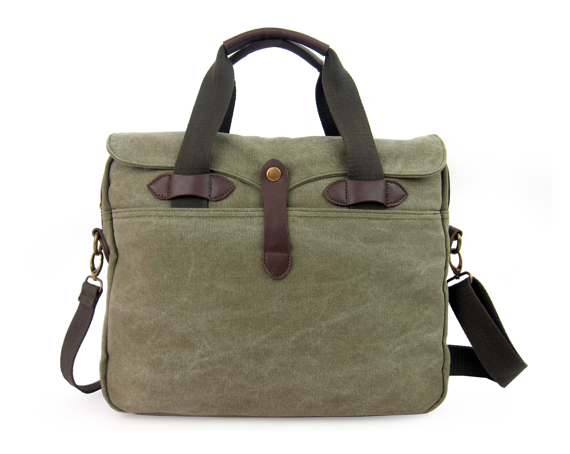 Bellemonde washed green canvas Briefcase shown from the front with brass details, brown accents, dual short straps and an adjustable shoulder strap