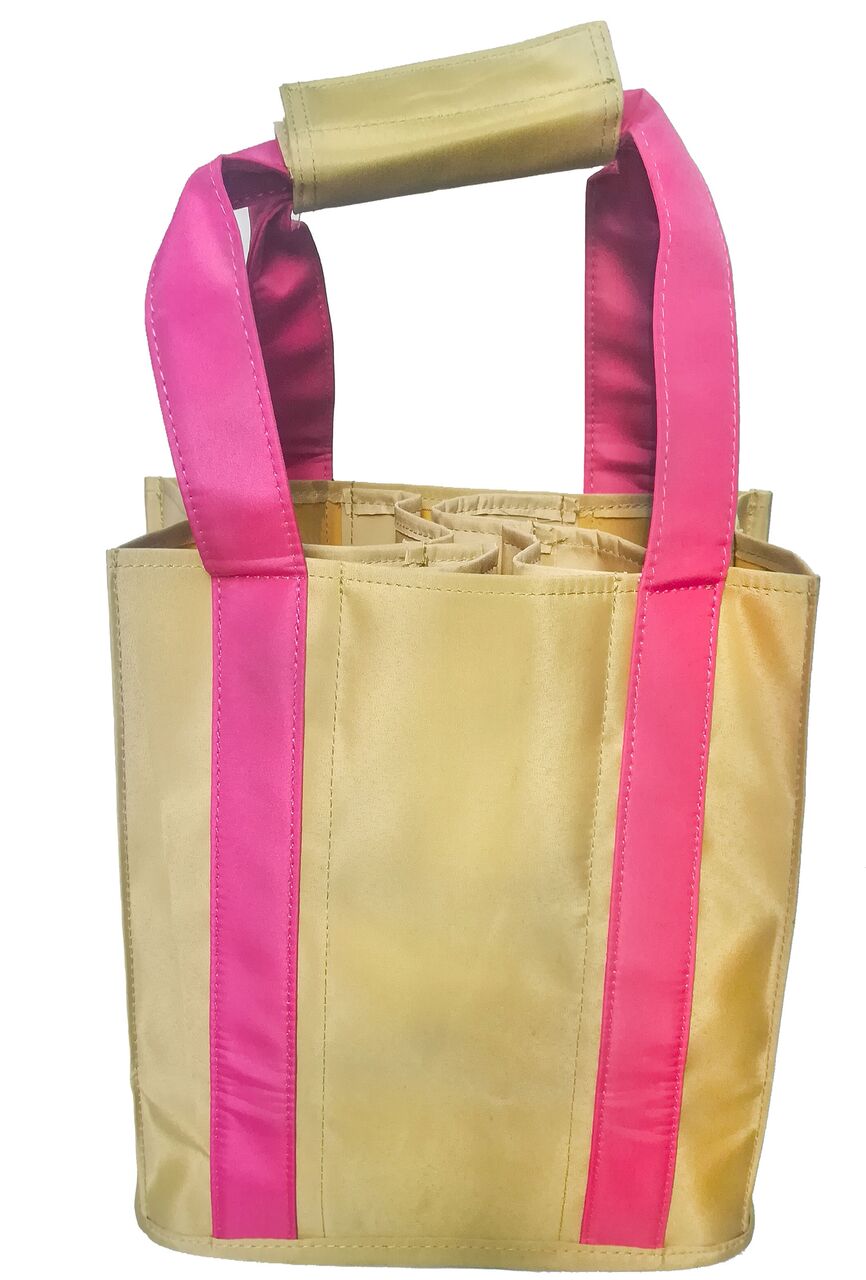 Bellemonde Pink and Tan microfiber Party-To-Go Tote with bright pink vertical side panels and matching pink handles